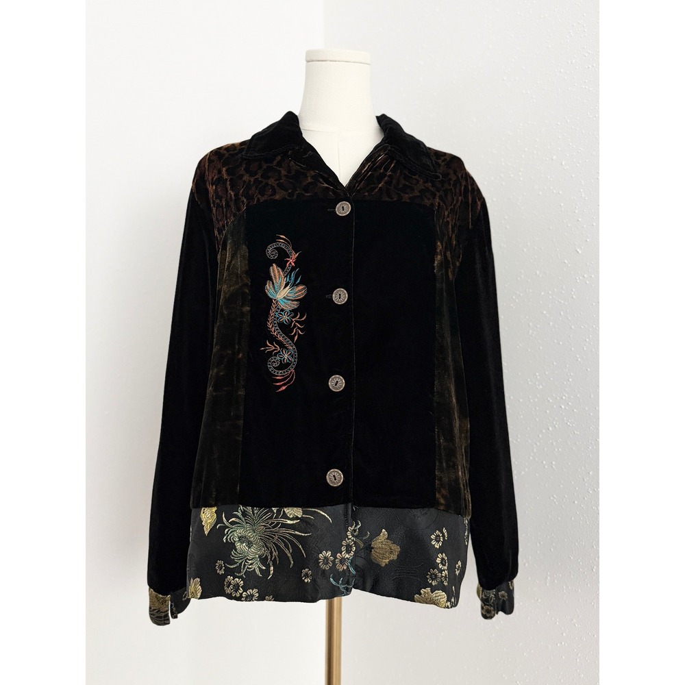 Vintage White Stag Black Velvet Embroidered Patchwork Jacket Whimsigoth Boho L